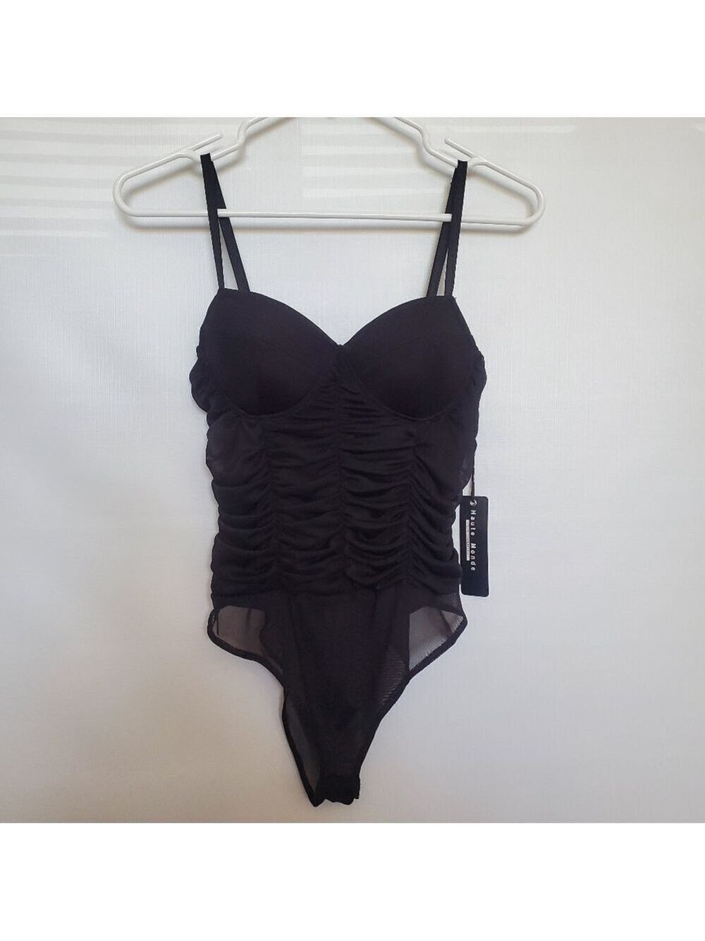 HAUTE MONDE WOMENS BODY SUIT RUCHED DESIGN STRAPS COACHELLA BLACK ( S )
